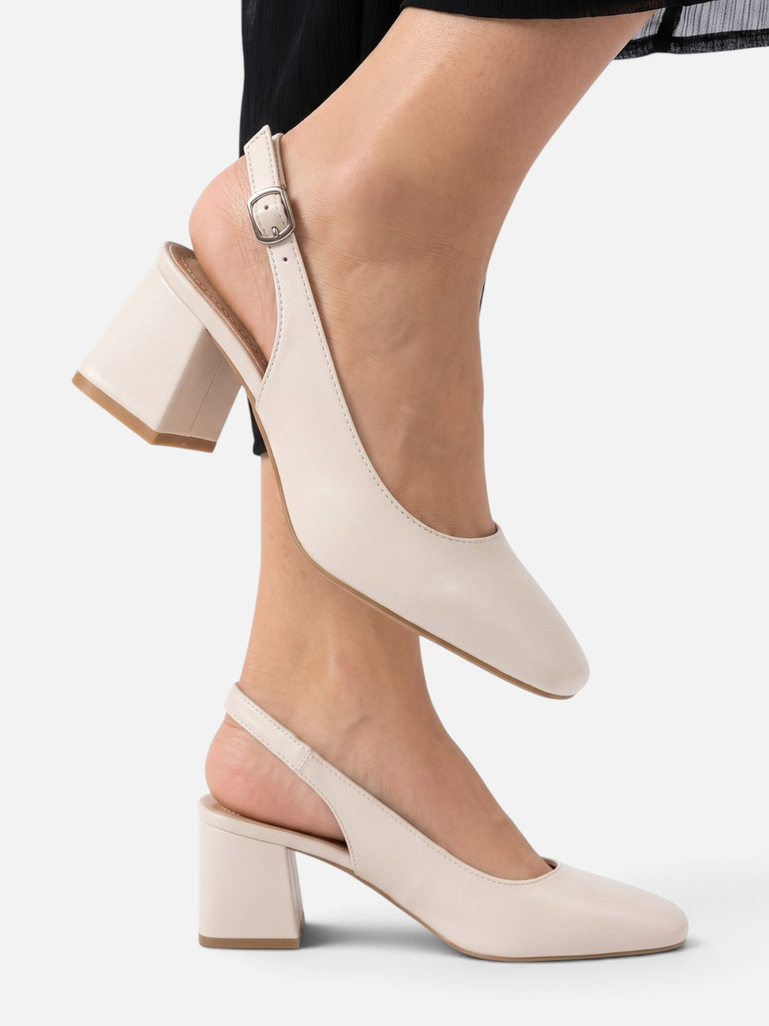 Slingback-pumps i skinn med firkantet tå og blokkhæl