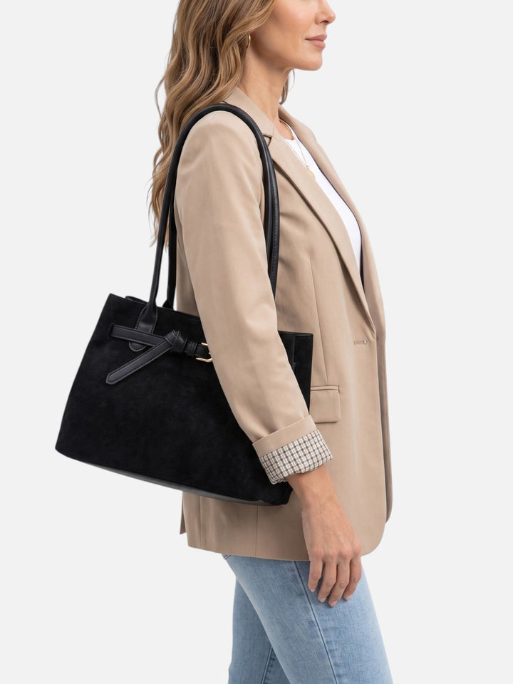 Shopperveske i semsket skinn med hanker og spenne