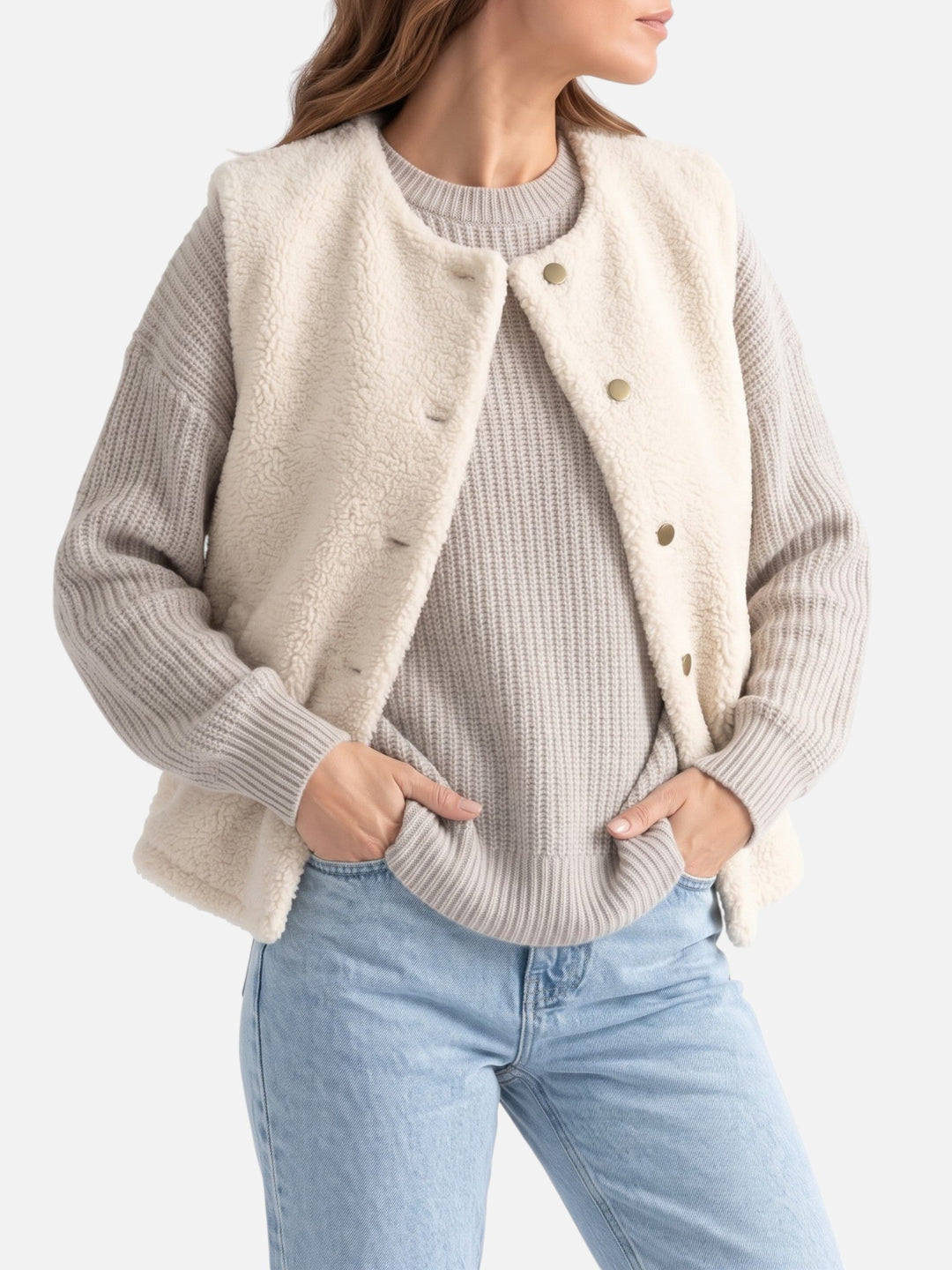 Sherpavest med knapper til dame