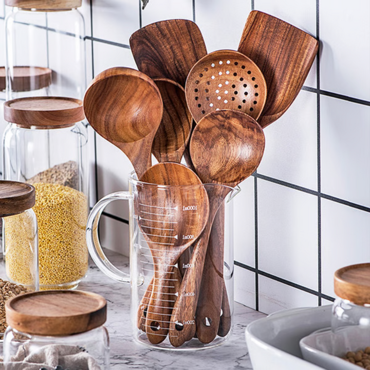Premium Naturlig Teak Tre Kjøkkenredskaper