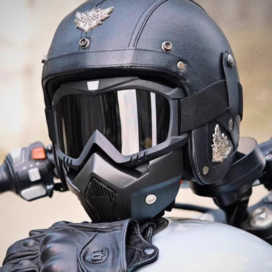 Vintage Åpen Motorsykkelhjelm Retro med Maske og Briller