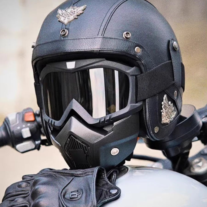 Vintage Åpen Motorsykkelhjelm Retro med Maske og Briller