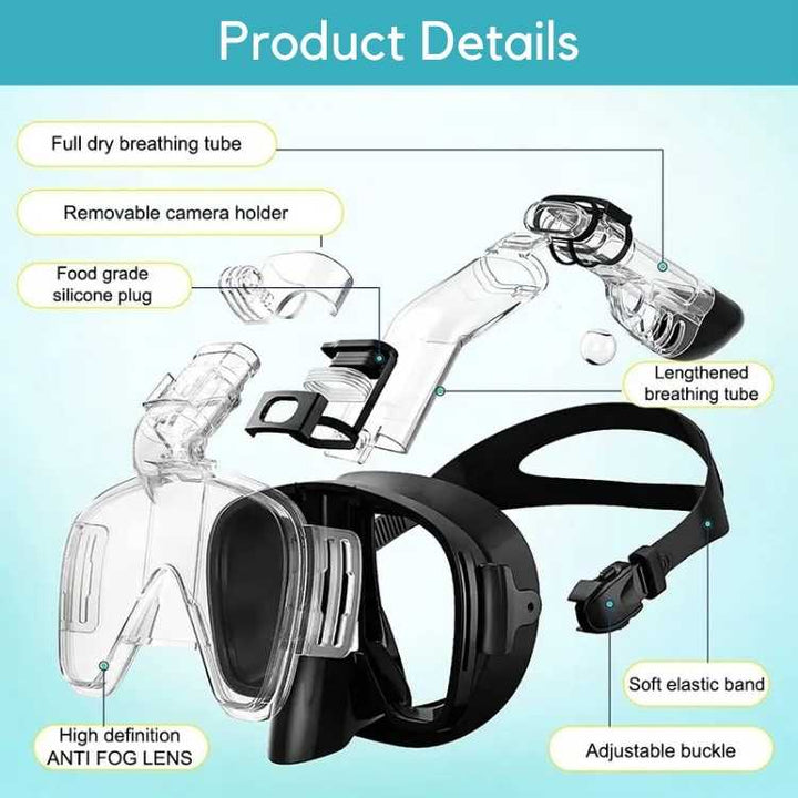 Sammenleggbar helmaske for snorkling, 180° sikt
