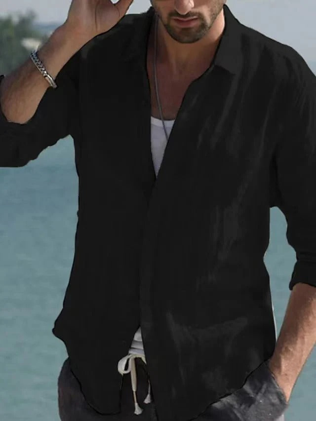 Airy Linen Shirt with Wrap Collar for Men