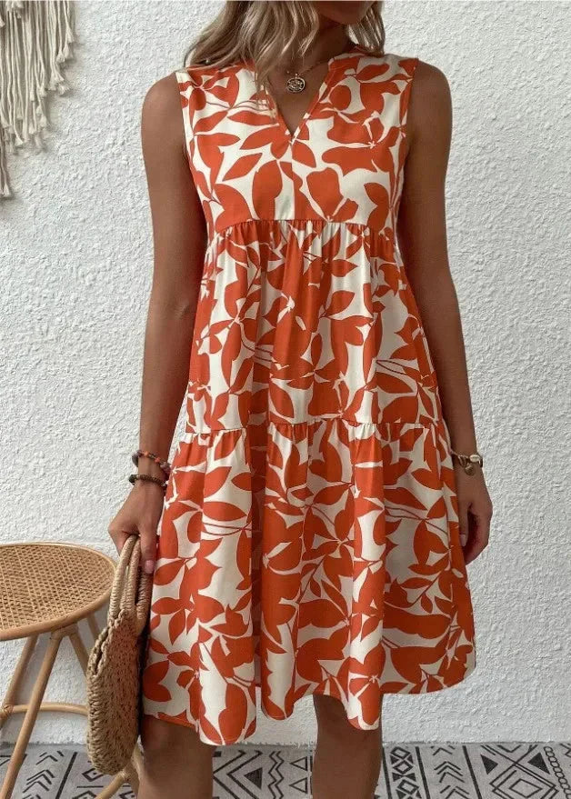 Elegant summer dress with V-neck and feminine silhouette
