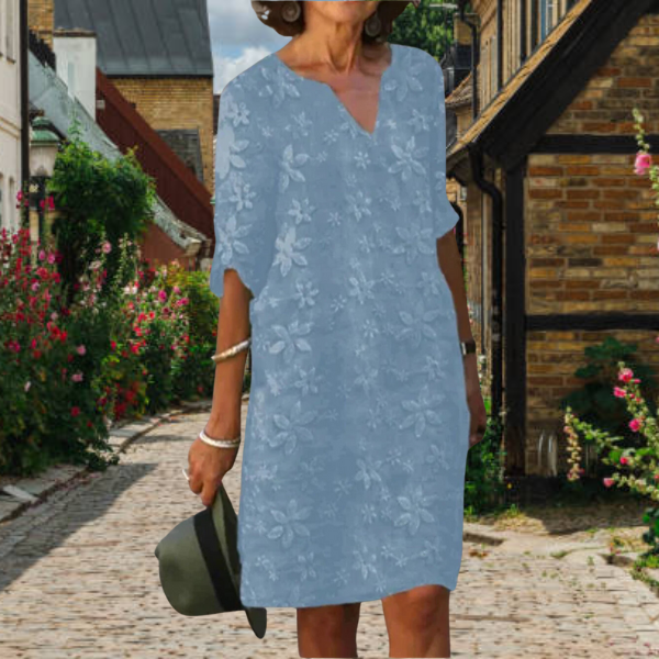 Elegant Kjole med 3D-Blomstermønster og V-Hals