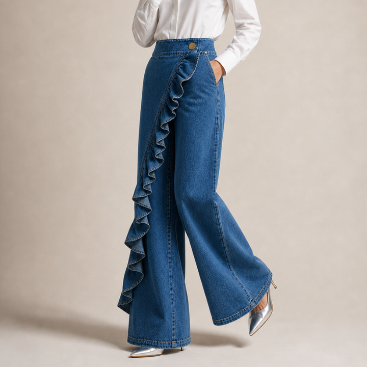 Vid dendimbukse til dame med asymmetrisk volang, culotte-stil