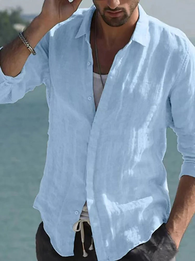 Airy Linen Shirt with Wrap Collar for Men