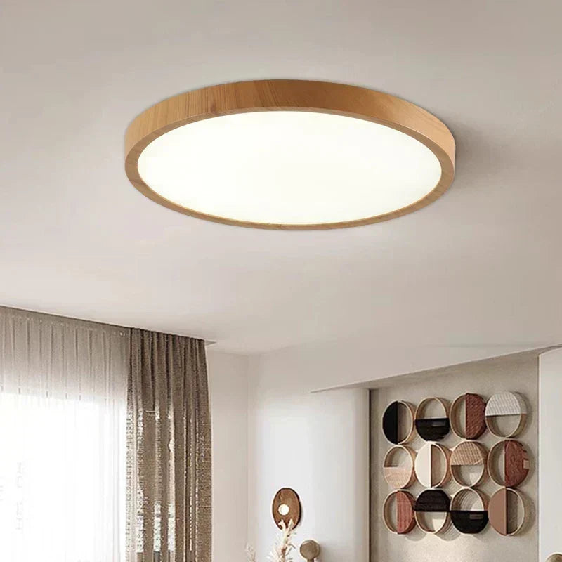 Ultratynn rund taklampe i valnøtt for elegante, moderne rom