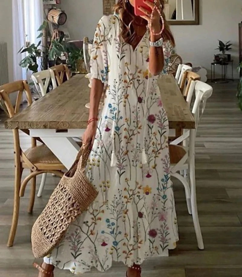 Bohemian Maxi Dress with Off-Shoulder Design and Voluminous Sleeves