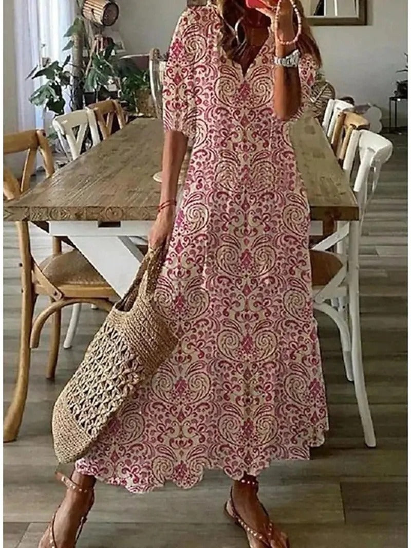 Bohemian Maxi Dress with Off-Shoulder Design and Voluminous Sleeves