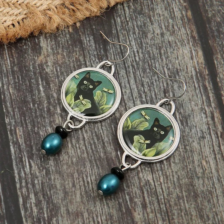 Vintage Tropiske Svart Katt Dangle-øredobber