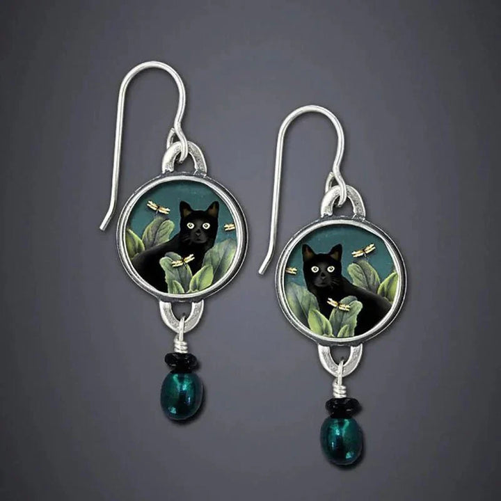 Vintage Tropiske Svart Katt Dangle-øredobber
