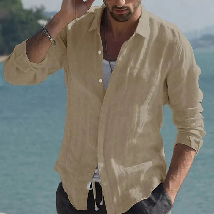 Airy Linen Shirt with Wrap Collar for Men