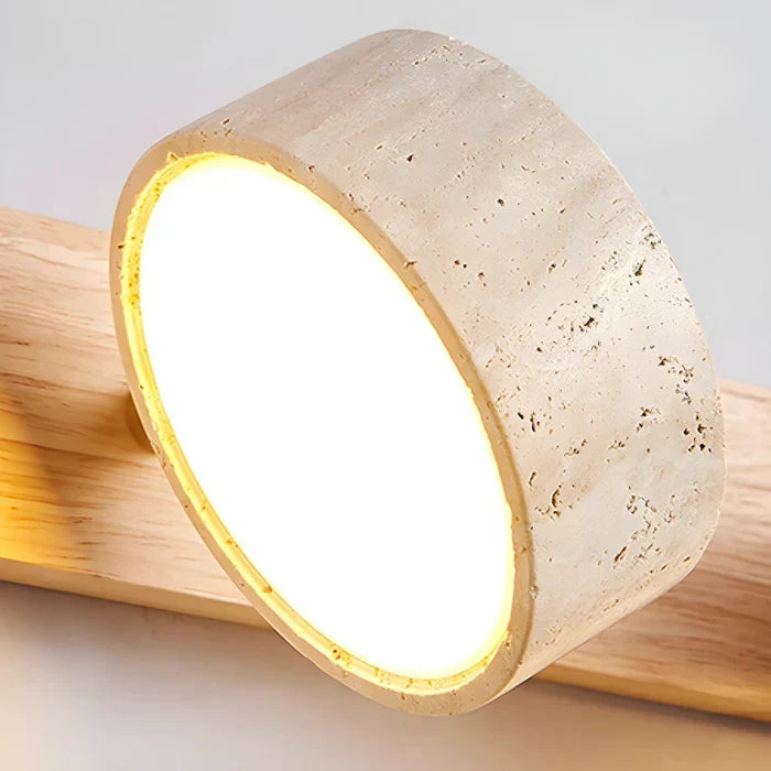 Moderne LED-vegglampe med dreibare skjermer i stein og fot i tre